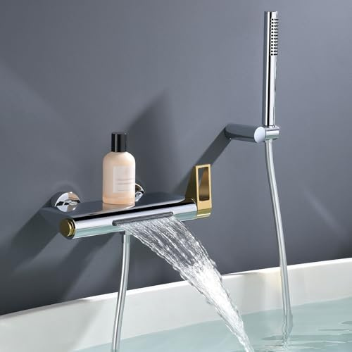 RONMX Robinet de Baignoire Cascade, RTF0718 Moderne Mitigeur Baignoire Mural, Sortie d'eau de 140 mm de Large, Angle Réglable, 59A Laiton Mitigeur Douche, avec Douchette en Cuivre, Durable