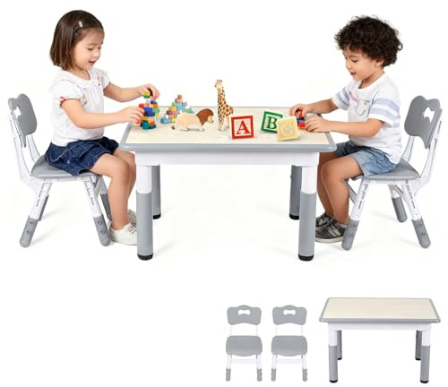 ISOISL Kindertisch mit 2 Stühlen Set, 7-Fach höhenverstellbarer, 80x60 cm Maltisch & Schreibtisch, kindersitzgruppe, Grau Holzdruck