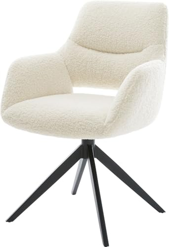 DELIFE Esszimmerstuhl Yago-Flex mit Armlehnen Kreuzgestell breit Schwarz Teddystoff Beige 360° drehbar Wippfunktion Taschenfederkern