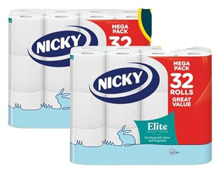 Nicky Elite Quilted Toilet Rolls, 3 Ply, Enriched with Lotion and Fragrance, Mega Pack, 64 Rolls