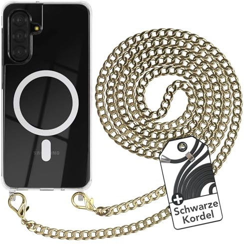 EAZY CASE - Handykette kompatibel mit Galaxy A17 Kette zum Umhängen Stoßfest Handyhülle für Galaxy A17 Silikon Hülle mit Band aus Metall Transparent als Fallschutz in Gold