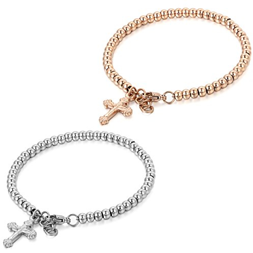 JewelryWe Schmuck 2pcs Charme Damen Kugel Perlen Armband,Handgelenk Kugel Perlenkette mit Jesus Kreuz Anhänger, Edelstahl Armreif, Rosegold Silber