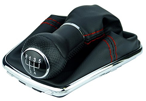 Pomo palanca de cambios y Funda palanca de cambios compatible para VW Golf 4 y para Bora 1997-2006 - 5 velocidades marchas 12mm - con Marco - negro rojo cromo - para transmisión Manual - (A253-0)
