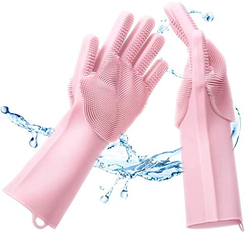 Gants de nettoyage en silicone de qualité supérieure avec brosse pour laver la vaisselle (rose) - Surface à picots pour un nettoyage optimal de la vaisselle et des ustensiles de cuisine.
