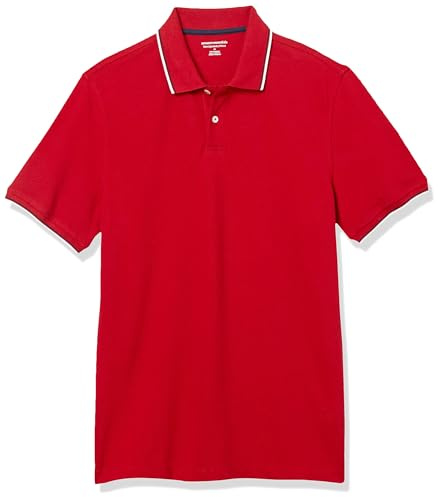 Amazon Essentials Herren Poloshirt Slim Fit Baumwolle Piqué Kurzarm, Rot Thin Stripe, M