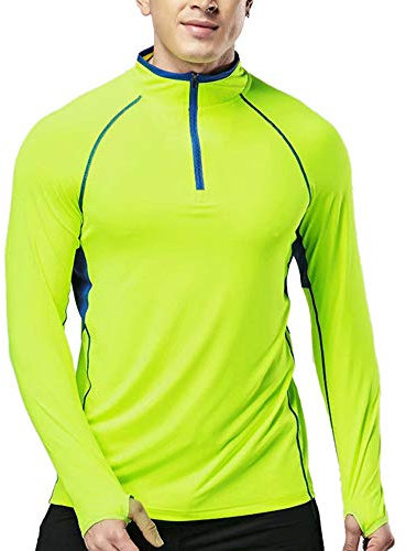 Muscle Alive Men's Quarter Zip Running Active T Shirts Workout Long Sleeve Jersey with Thumb Holes Polyester and Spandex Yellow L