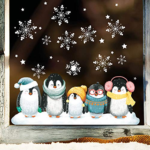 Wandtattoo Loft Fensterbilder Weihnachten mit 5 Pinguine und Schneeflocken – Wiederverwendbar – A4 Bogen – Weihnachstdeko Fenster Kinderzimmer, Weihnachtsbilder Fenster, Fensterbild Winter