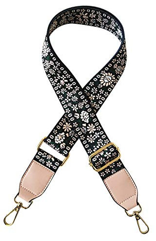 MoreChioce Réglable 80cm-130cm Anse De Sac,3,8cm Large Sangle de Rechange Sac Remplacement Ethnique Bandoulière pour Sac à Main Multicolore Femmes Bracelet de Sac D'épaule,Fleur Noir + Rose