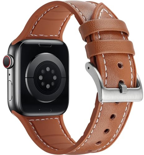 Tasikar Compatible with Apple Watch Strap 41mm 40mm 38mm, Genuine Leather with Soft Silicone Hybrid Design Sport Band Compatible for Apple Watch Series 9 8 7 6 5 4 3 2 SE - (38/40/41mm, Brwon)