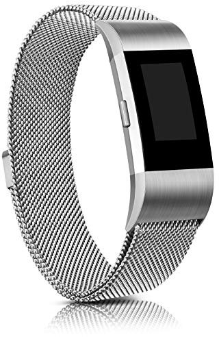 Demark Kompatibel für Fitbit Charge 2 Armband, Edelstahl Magnetschloss Ersatzarmbänder Kompatibel für Fitbit Charge 2, Männer Frauen (Silber, Large)