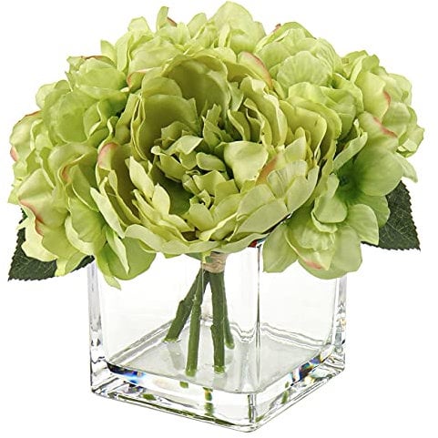 Kunstblume mit Vase Künstliche Blumen Hortensien Pfingstrose Blumengesteck Kunstpflanzen Deko im Glastopf mit Kunstwasser Hochzeitsdeko Fensterbank Tisch Badzimmer Herbst Dekoration