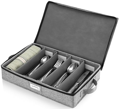 Besteck-Aufbewahrungsbox mit 5 verstellbaren Fächern, Geschirr-Utensilien-Kiste mit Tragegriffen, schützt und organisiert Besteck und Besteck, Hartschale und stapelbar