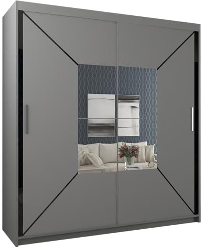 Modern Double Sliding Door Wardrobe 2 Mirrored Hanging Rails & Shelves Storage Cabinet for Bedroom (120cm, Nicole Grey)