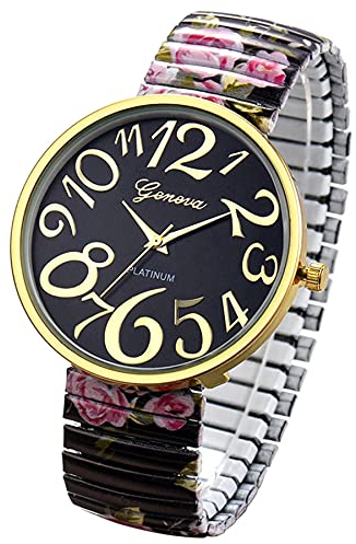 JewelryWe Damenuhr, einfach und modisch, Ultra-klar und leicht zu lesen, großes Ziffernblatt, praktische Uhr mit elastischem Armband, Blumendruck, leicht zu tragen, Schwarz, Armband