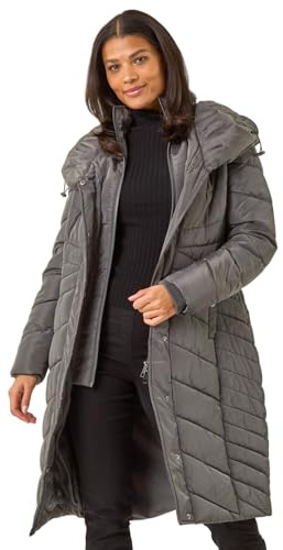 Roman Padded Coat for Women UK - Ladies Longline Puffer Winter Quilted Parka Waterproof Rainproof Wind Resistant Thermal Jacket Long Length Warm Zip Hood Puffa Cosy