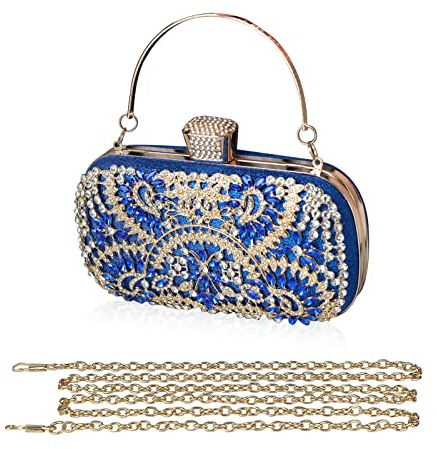 CORIOS Damen Clutch Diamant Strass Abendtasche Glitzer Handtasche Kleine Umhängetasche Abnehmbarer Kette Tasche Elegante Schultertasche für Hochzeit Party Abschlussball Blau