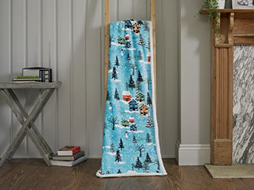 Jansons Direct Linens Supersoft Sherpa Reverse Fleece Throw Snowy Day Design in Blue Xmas Throw 125cm x 150cm