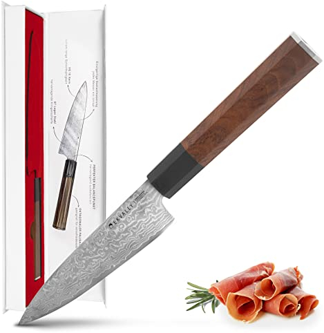 EKVALLY KÄPY Allzweckmesser kleines Santoku Damastmesser 14 cm Klinge - Damast Küchenmesser scharf - mit oktagonalem Palisander-Holzgriff