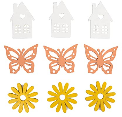 Rayher Holz-Streuteile Blume, Haus, Schmetterling, 9 Stück, sortiert, mit Klebepunkt, 3,4-4,5 cm, Farben weiß, apricot, gelb, Tischdeko, Tischstreuer, Streudeko Frühling, 46679000