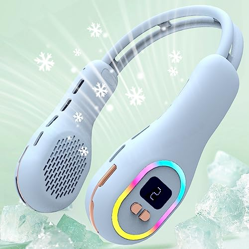 Ventilador de cuello portátil, manos libres, sin aspas, luces LED de colores, 3 velocidades, ajuste de dirección del aire, 4000 mAh, batería recargable USB.
