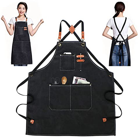 GTDOOCE Grembiule Cucina,Grembiule Lavoro,Grembiule di Jeans,Cintura Regolabile Grembiule Barbecue,Cook Grembiuli con Tasche Grandi, Grembiule di Tela con Croce Indietro per Uomini e Donne