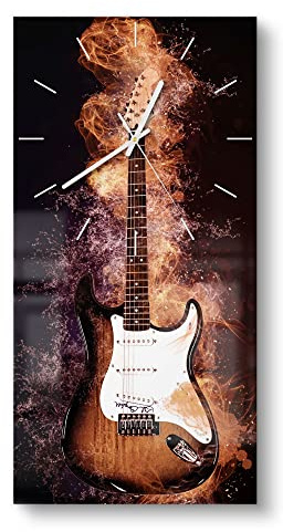 DEQORI Glasuhr | horizontal 30x60 cm | Motiv Brennende E-Gitarre | große XXL Design Uhr aus Glas | leise Wanduhr für Wohnzimmer & Küche | moderne Hingucker Uhr für die Wand