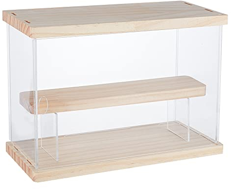 OLYCRAFT 2 Schichten Klar Acryl Minifiguren Vitrine Assemble Countertop Acryl Boxen Acryl Vitrine Puppen Organisationsbox mit Holzsockel & Tür für Sammelblocks Modelle - 23x13x18cm