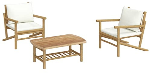vidaXL Garten Lounge Set 3-TLG., Gartenmöbel Set mit Cremeweißen Kissen, Modular Sitzgruppe für Garten Terrasse, Loungemöbel Stuhl Tisch, Bambus