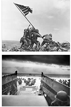 Artery8 Normandy D-Day Landings Soldiers Raising Flag Iwo Jima & D-Day Jaws Of Death War USA Set Of 2 Unframed Wall Art Prints Study Office Aesthetic Iconic Photo 12X16 Inch