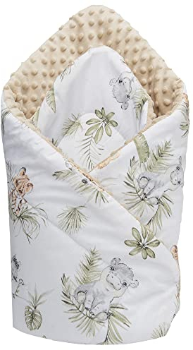 Medi Partners Einschlagdecke Steckkissen Minky 100% Baumwolle 75x75 cm Schlafsack doppelseitiges weich ganzjährig multifunktional antiallergisch Babys (Safari mit beigem Minky)