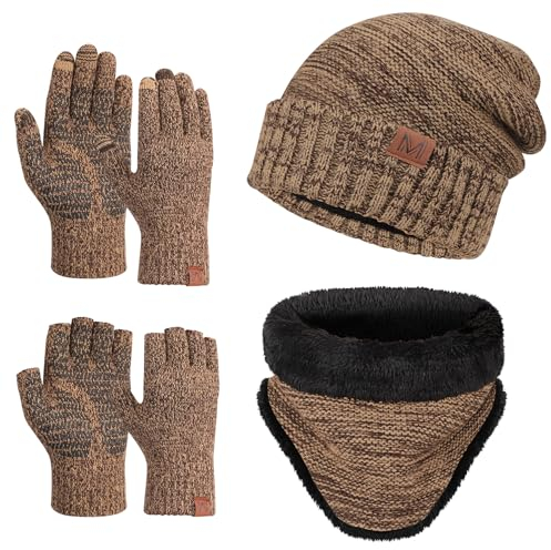 Maylisacc 4Pcs Winter Mütze Hut Loop Schal und Gestrickte Touchscreen Handschuhe & Fingerlose Handschuhe Warme Beanie Mütze Winter Set für Männer Frauen Braun