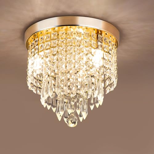 Depuley Kristall Kronleuchter Modern für Wohnzimmer: Lampe Deckenleuchte Kristalle mit Elegantem Design für Schlafzimmer Flur Küche - Gold Deckenlampe Kristall für Decke - G9-Kopf Kristall lampen