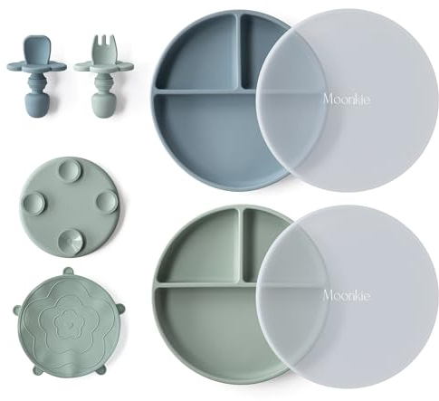 Moonkie Platos Bebe Silicona, 2 Piezas Plato Antivuelco Bebe, con Tenedor y Cuchara, Plato Ventosa Bebe, Plato Silicona sin BPA, Apto para Lavavajillas,Refrigeradores y Microondas(Menta/Azul claro)