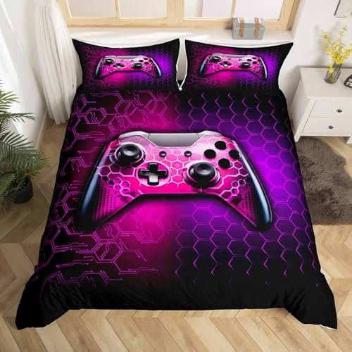 Gamer Bedding Set,Pink Neon Comforter Cover Set for Teens Women Room Decor,Cool Gamepad Duvet Cover Breathable Reversible Games Bedspread Cover Double Size