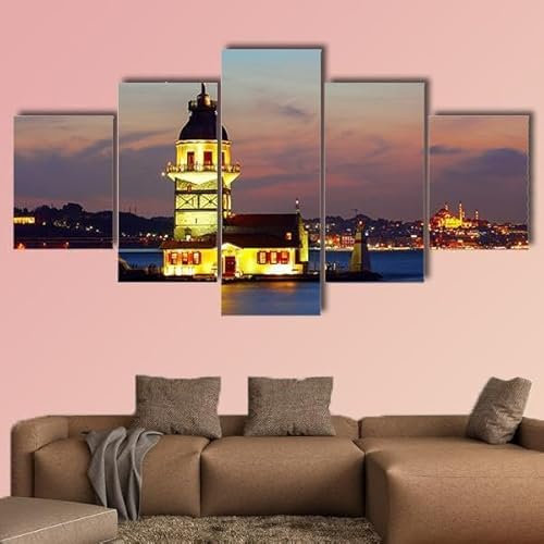 RAPSANI Bilder Abstrakt 5 Teilig Wandbild XXL Jungfrauenturm in Istanbul Leinwand Bild Wandbilder Wohnzimmer Wohnung Kunstdrucke Modern Wandbilder Design Abstrakt Poster Wanddekoration 200x100cm