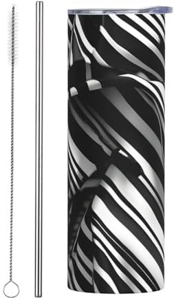 Black And White Checkered Stripes Vacuum Insulated Stainless Steel Bottle, Double Walled, Drinking Cup, Thermo Coffee Travel Mug, 20oz