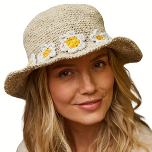 Pachamama Damen-Sonnenhut aus Hanf-Baumwolle, gehäkelt, breite Krempe, Gänseblümchen, Einheitsgröße, faltbar, für Reisen, Urlaub, Strand, Garten, Schlenker, handgefertigt, Fair-Trade, natur,