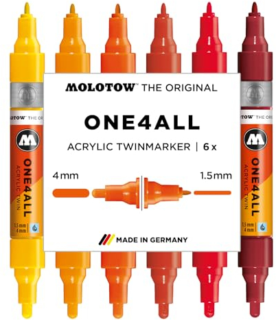 Molotow One4All Acrylic Twin Marker Hot Set (1,5 und 4,0 mm Strichstärke, hochdeckend und permanent, schnell trocknend, nachfüllbar, für fast alle Untergründe) 6 Stück sortiert