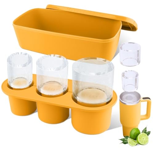 WUJUN Ice Cube Tray for Stanley Cup 30-40Oz Tumbler, Silicone Ice Cube Molds with Lid and Bin for Chilling Cocktails, Whiskey, Drinks, Coffee, Easy Fill and Release Ice Make (Yellow, 40 oz)