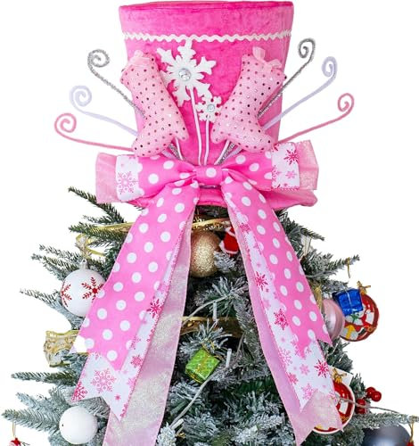 Christmas Tree Topper Hat, Xmas Tree Toppers Large Pink Hat with Lengthened Ribbon, Christmas Tree Ornaments for Christmas Holiday, Boots Snowflake, Pink D1