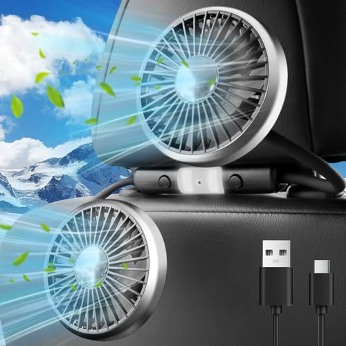 AVCXEC Auto Ventilator für Rücksitz, Doppelkopf Auto Ventilator mit Licht,360° Doppelkopf USB Ventilator für das Auto mit 3 Geschwindigkeiten für Auto/Zuhause/Büro für Fahrzeuge wie Limousine,LKWs