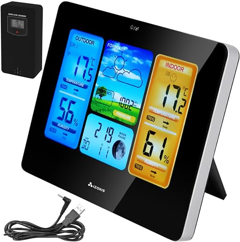 Wetterstation Izoxis Multifunktional Außensensor,Thermometer Hygrometer Barometer Wettervorhersage LCD-Display Digitaluhr Datumsanzeiger Batteriebetrieben/Netzkabel Innen/Außen 22452