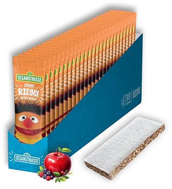 Sesamstrasse Bio Fruchtriegel Ernie, mit Apfel & Beere, 25er Pack (25 Stück x 25g), Großpackung auf Getreide Basis, Früchteriegel für Kinder ab 3 Jahren, bio, vegan