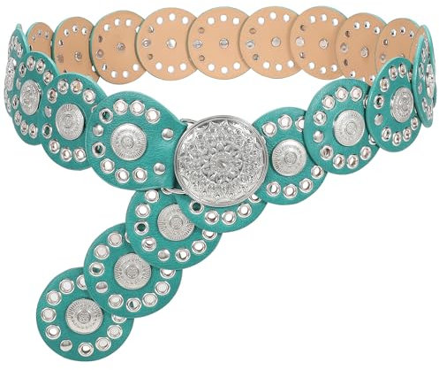 JasGood Breite Scheibengürtel für Damen Leder Aushöhlen Runde Gürtel Western Cowgirl Gürtel Damen Concho Vintage Boho Disc Ledergürtel Verstellbare Taillengürtel für Kleider,Grün,105cm