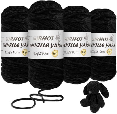 VORHOT 4x100g Chenille Wolle Zum Häkeln, Samtig Babywolle, Weiche Garn, Kuschelweich Chenillegarn, Samt Velvet Wolle Zum Stricken, 210m, Schwarz
