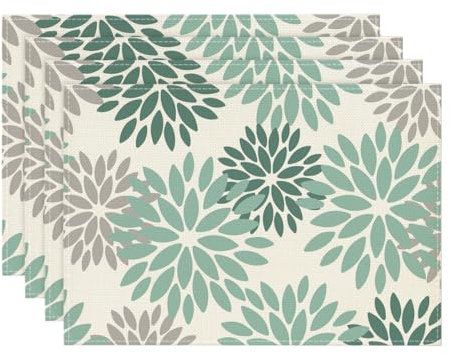 Artoid Mode Blumen Wasser Grün Dahlien Frühling Platzsets 4er Set, Sommer 30x45cm Urlaub Tischsets Waschbar Platzdeckchen Küche Party Deko