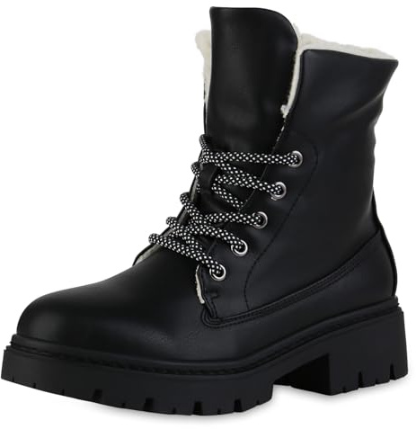 VAN HILL Damen Schnürstiefeletten Blockabsatz Profilsohle Trendy Schuhe 216446 Schwarz 38