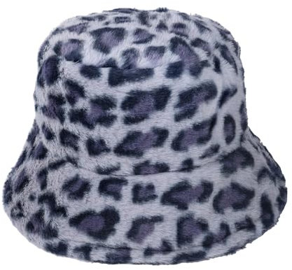 JJDreams Leopardenmuster Winter Fischerhut,Pelz Fischerhut Bucket Hat,Flauschige Fischerhut für Damen,Blau