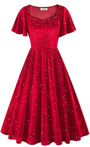 AXOE Damen Retro Samtkleid mit Pailletten A-Linien Abendkleid für Hochzeitsgast, Cocktailparty, Bühnenauftritt Flatterärmel Rot, Gr.48, 4XL