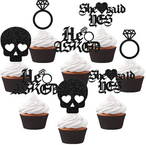 Cupcake-Topper für Gothic-Verlobung, 24 Stück, schwarzer Glitzer, He Asked She Said Yes Ring, Totenkopf, Cupcake, Lebensmittel-Picker für Hochzeit, Verlobung, Brautparty, Party, Kuchendekorationen